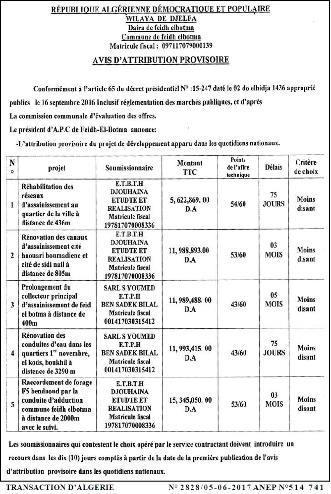 TRANSACTION D'ALGERIE